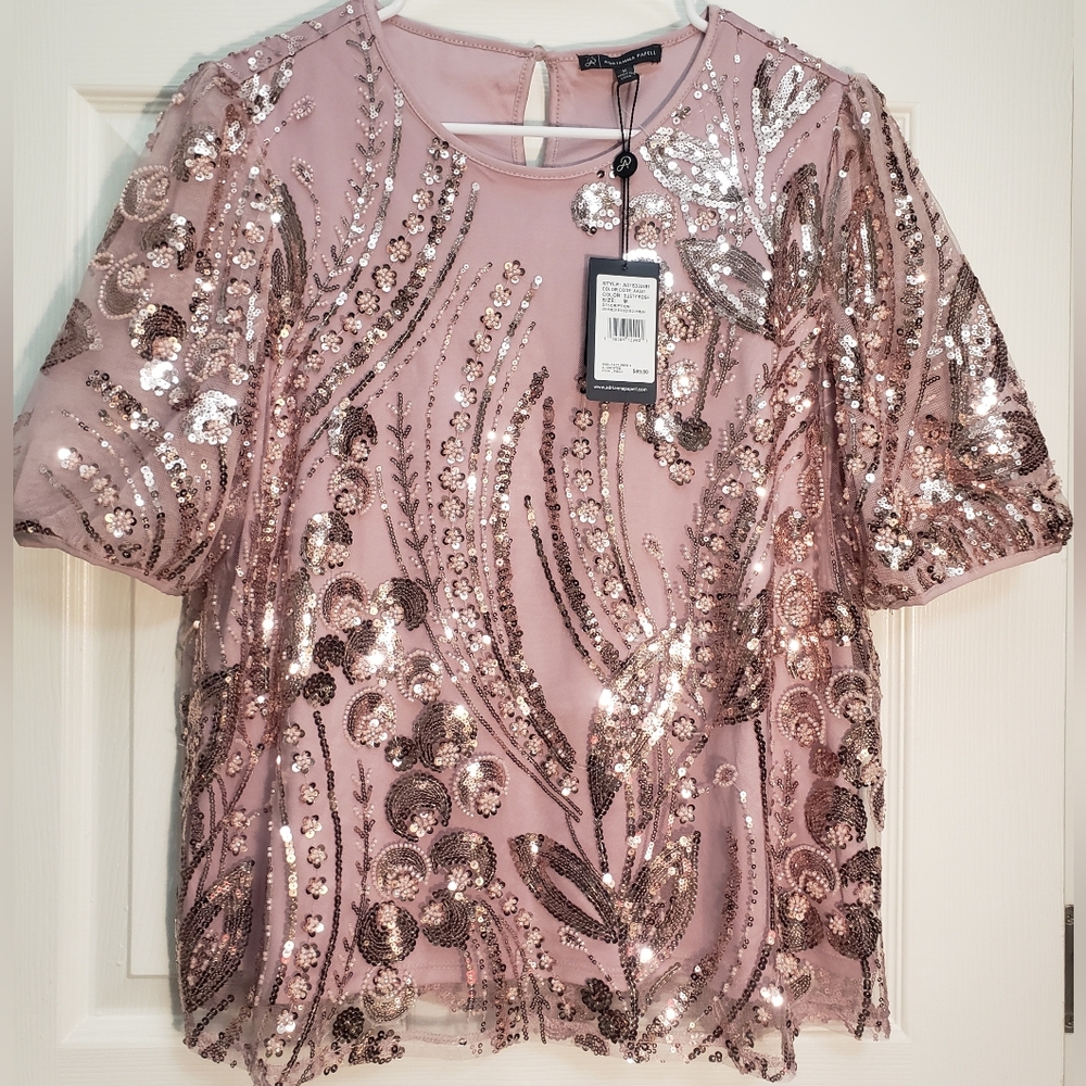 Embroidered Sequin Embellished Top by Adrianna Papell.